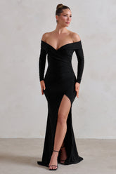 Black Bardot Wrap Ruched Split Maxi Dress